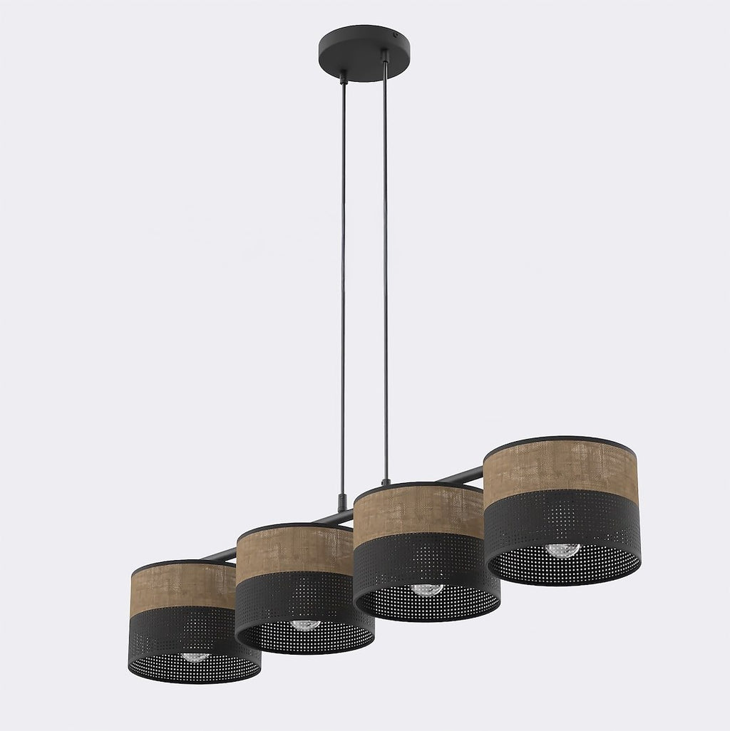 Hanglamp met vier cilindrische kappen in bruin en zwart met perforatie, opgehangen aan een zwarte balk