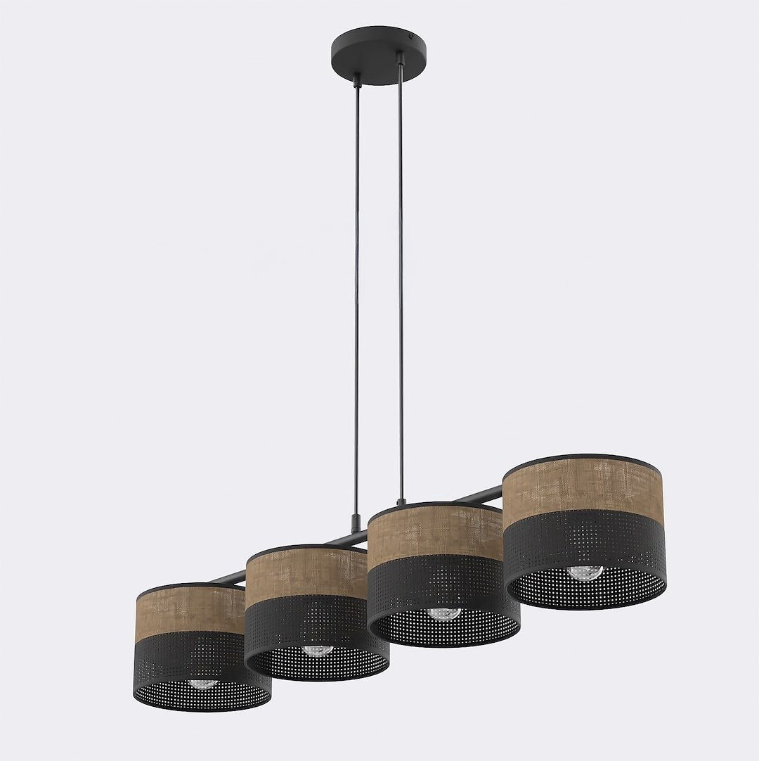Hanglamp met vier cilindrische kappen in bruin en zwart met perforatie, opgehangen aan een zwarte balk