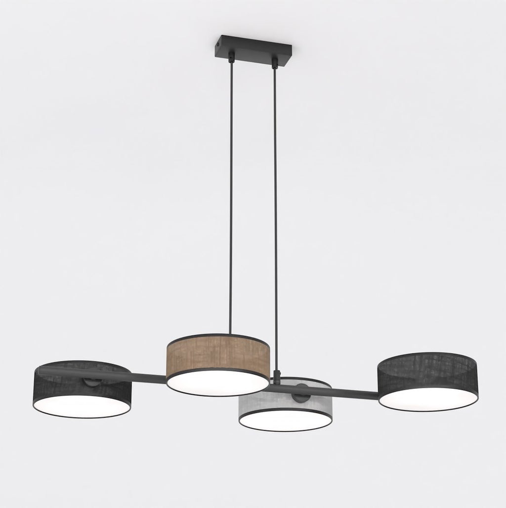 Zwarte lineaire hanglamp met vier cilindrische geweven kappen in zwart, bruin en grijs