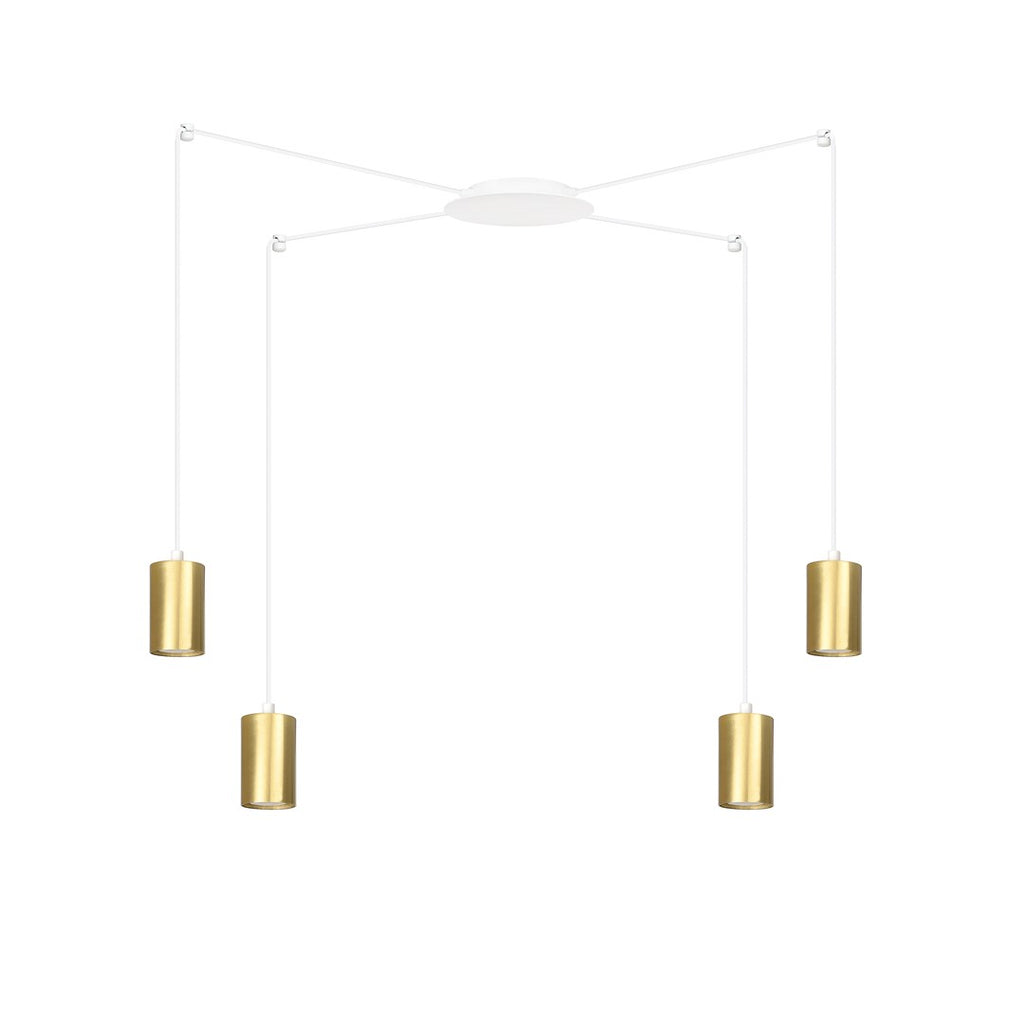 Hanglamp met witte luifel en vier witte snoeren met gouden buisvormige kappen