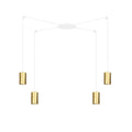 Hanglamp met witte luifel en vier witte snoeren met gouden buisvormige kappen