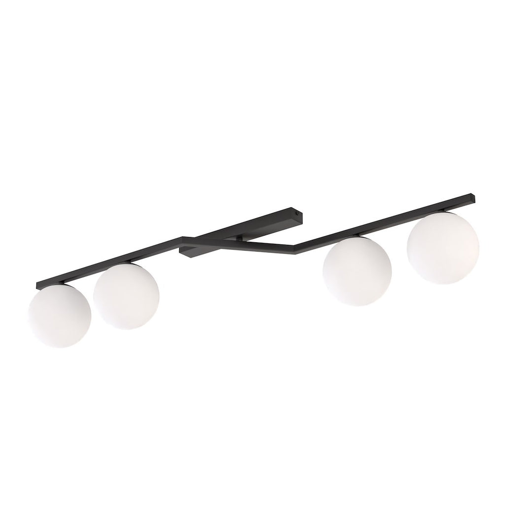 Zwarte plafondlamp met meerarmig frame en vier matte witte bolkappen