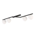 Zwarte plafondlamp met meerarmig frame en vier matte witte bolkappen
