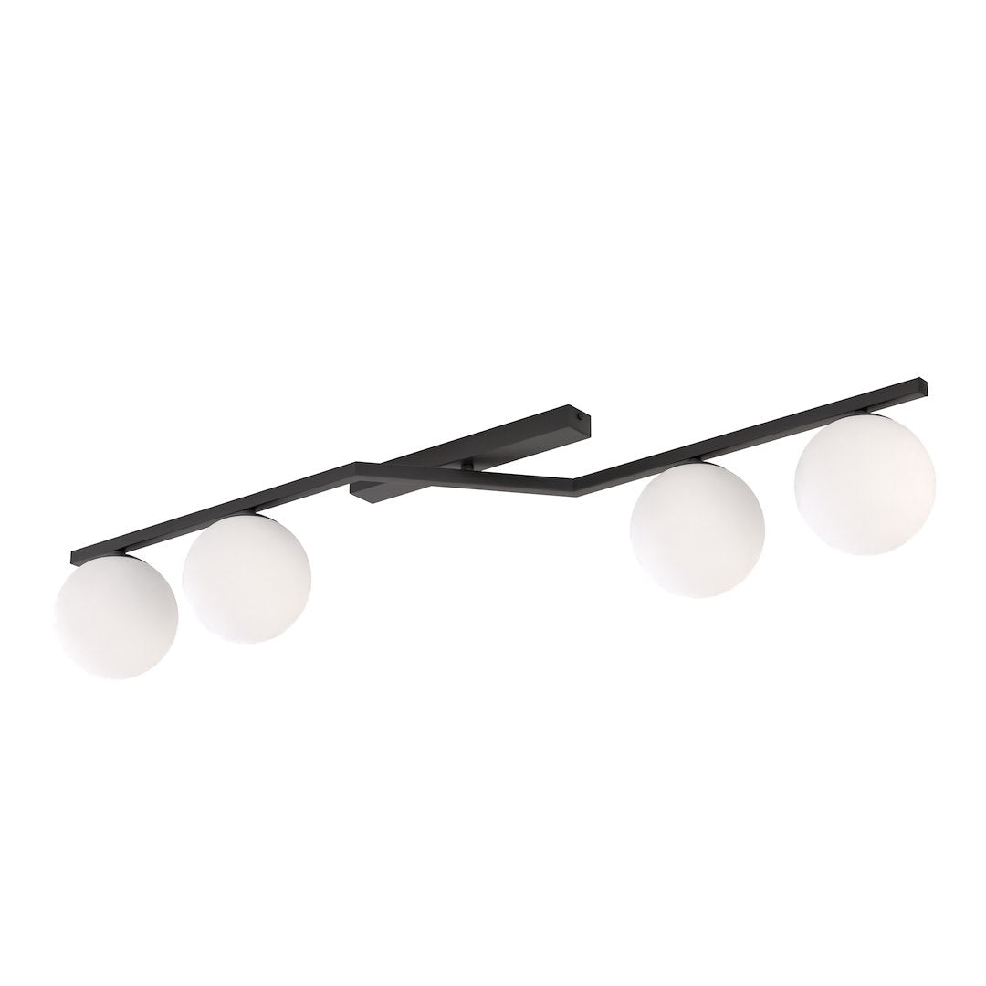 Zwarte plafondlamp met meerarmig frame en vier matte witte bolkappen