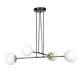 Zwarte hanglamp met vier witte glazen bollen en goudkleurige details aan lange dunne stangen