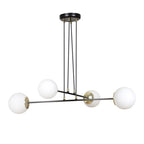 Zwarte hanglamp met vier witte glazen bollen en goudkleurige details aan lange dunne stangen