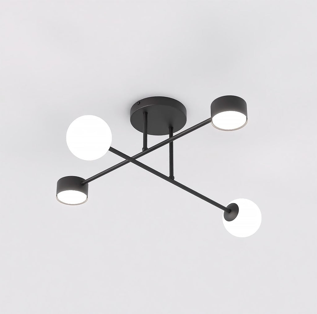 Zwarte plafondlamp met gekruiste armen, twee witte lichtbollen en twee kleine platte lampjes