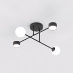 Zwarte plafondlamp met gekruiste armen, twee witte lichtbollen en twee kleine platte lampjes