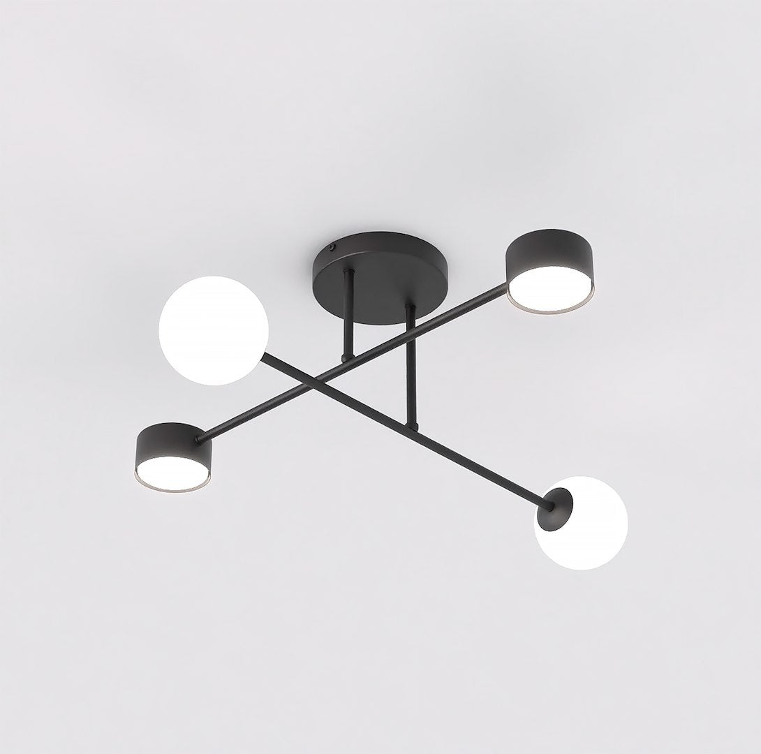 Zwarte plafondlamp met gekruiste armen, twee witte lichtbollen en twee kleine platte lampjes
