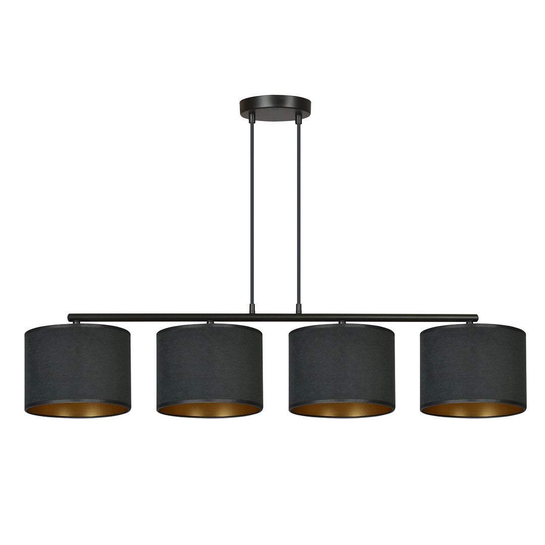Zwarte hanglamp met vier ronde stoffen kappen met gouden binnenkant aan een zwarte stalen balk