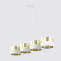 Witte hanglamp met vier cilindrische goudkleurige kappen met geperforeerd wit middenstuk aan twee dunne ophangsnoeren