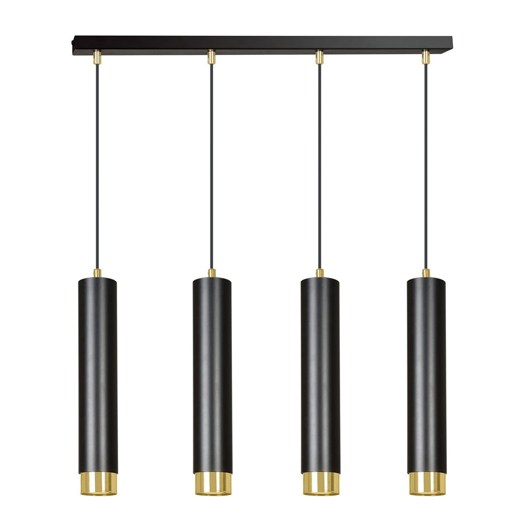 Hanglamp met vier zwarte buisvormige kappen met gouden onderkant, opgehangen aan een zwarte balk