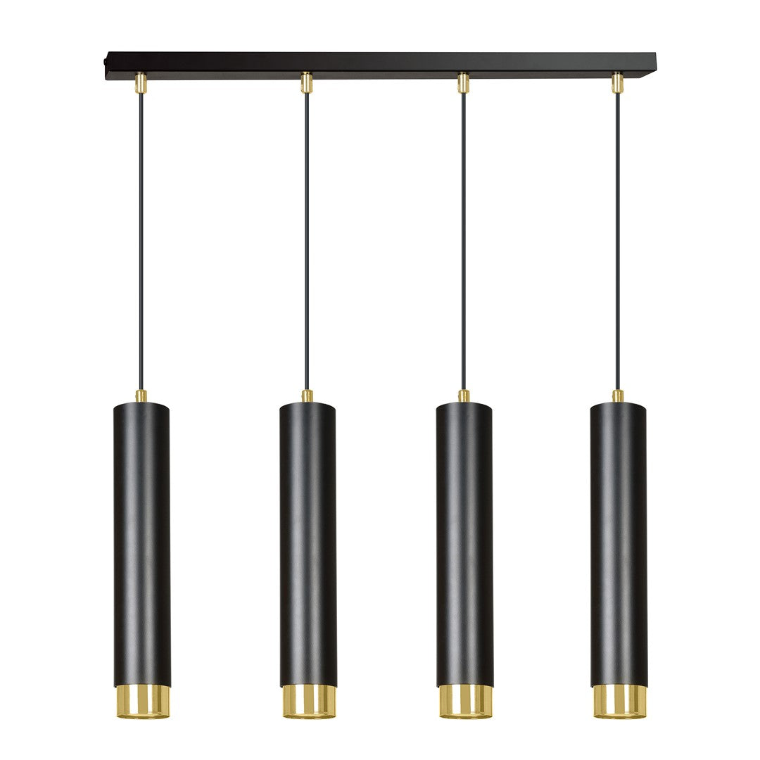 Hanglamp met vier zwarte buisvormige kappen met gouden onderkant, opgehangen aan een zwarte balk