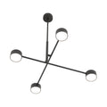 Zwarte plafondlamp met vier gekruiste armen en ronde lichtpunten, gezien van onderaf