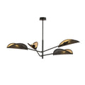 Zwarte plafondlamp met vier bladvormige kapjes met goudkleurige binnenkant aan een zwart stalen frame
