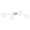 Witte plafondlamp met gebogen frame en vier ronde witte glazen kappen