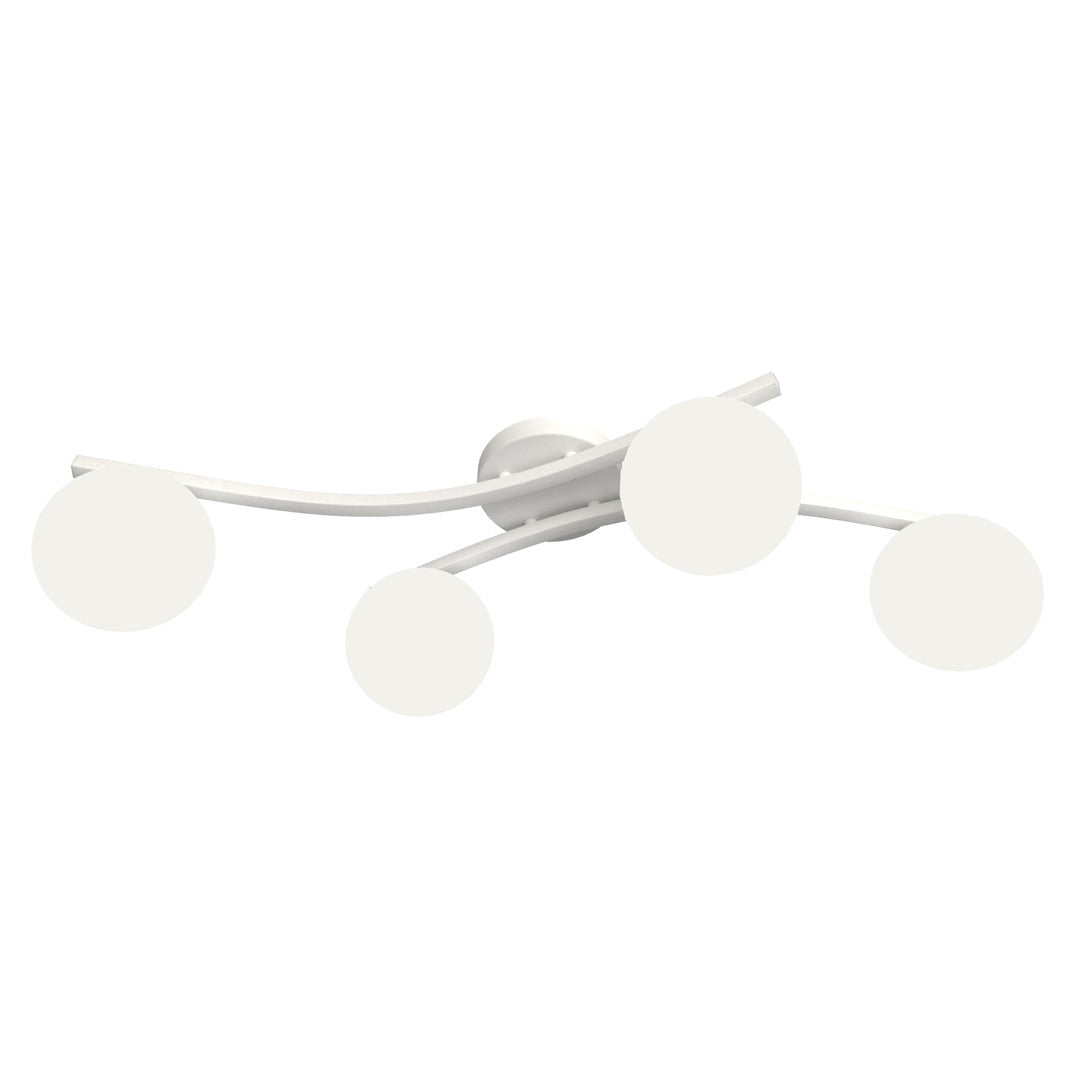 Witte plafondlamp met gebogen frame en vier ronde witte glazen kappen