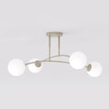 Beige plafondlamp met boogvormig frame en vier witte glazen bollen