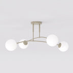 Beige plafondlamp met boogvormig frame en vier witte glazen bollen