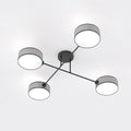 Vierarmige plafondlamp met zwart frame en vier ronde grijze geweven kappen