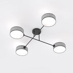 Vierarmige plafondlamp met zwart frame en vier ronde grijze geweven kappen