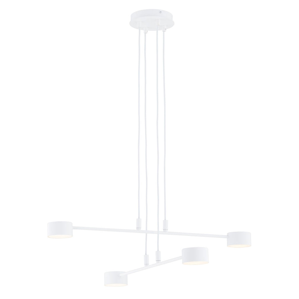 Witte hanglamp met kruisende armen, vier lichtpunten en dunne ophangsnoeren aan een ronde plafondkap