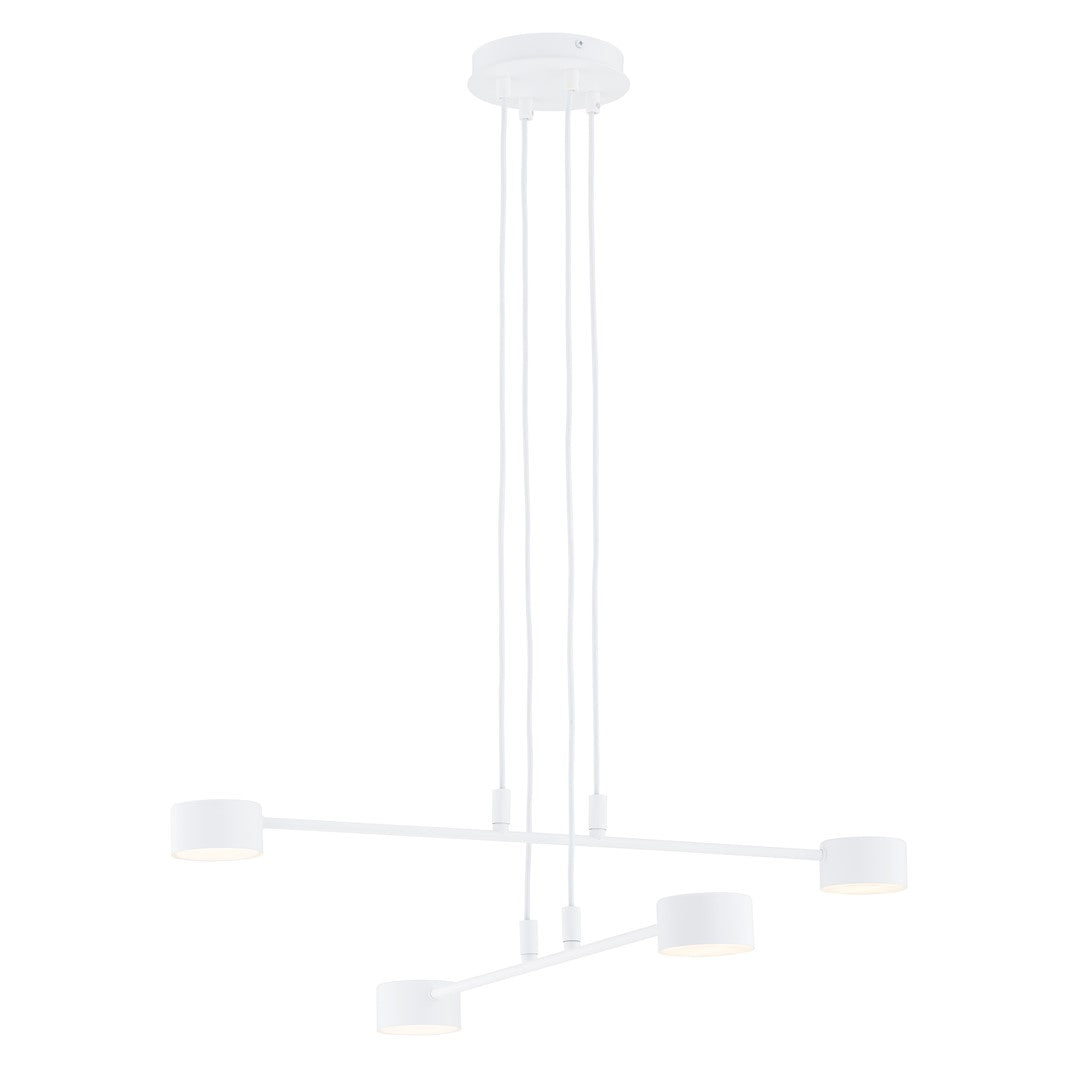 Witte hanglamp met kruisende armen, vier lichtpunten en dunne ophangsnoeren aan een ronde plafondkap
