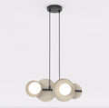 Hanglamp met twee ophangsnoeren, mokkakleurige cirkelvormige schijven en witte lichtbollen
