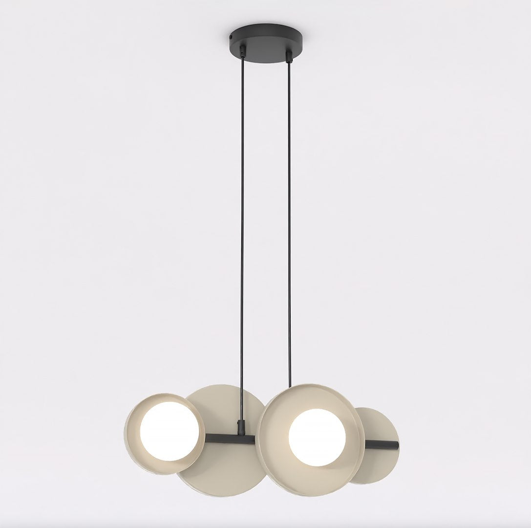 Hanglamp met twee ophangsnoeren, mokkakleurige cirkelvormige schijven en witte lichtbollen