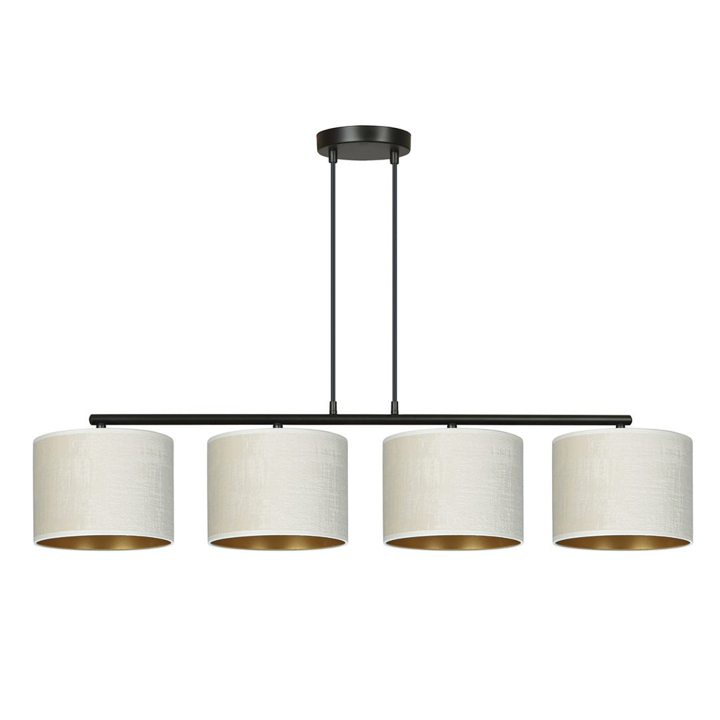 Hanglamp met vier witte stoffen kappen met goudkleurige binnenzijde aan een zwart frame