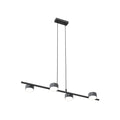 Zwarte hanglamp met horizontale balk en vier cilindervormige lichtpunten, opgehangen aan twee dunne staven
