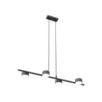 Zwarte hanglamp met horizontale balk en vier cilindervormige lichtpunten, opgehangen aan twee dunne staven