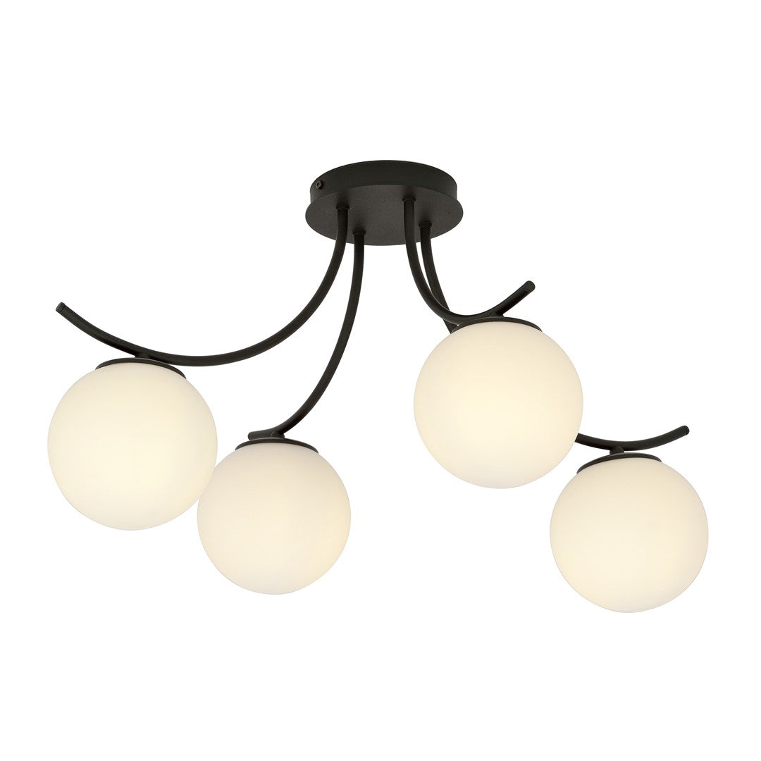 Zwarte plafondlamp met vier gebogen armen en ronde witte glazen kappen