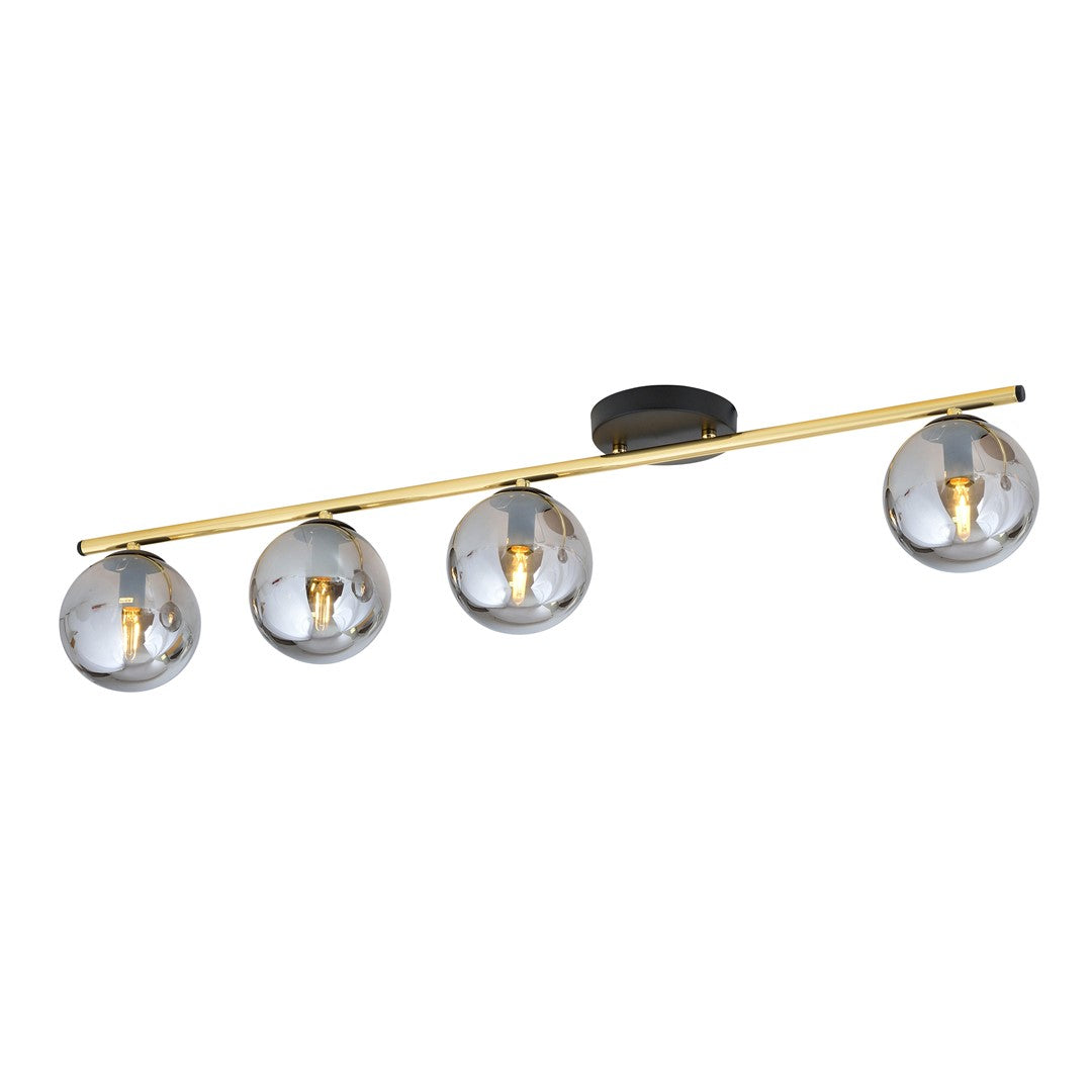 Plafondlamp met gouden buis, zwarte plafondplaat en vier grafietkleurige glazen bolkappen