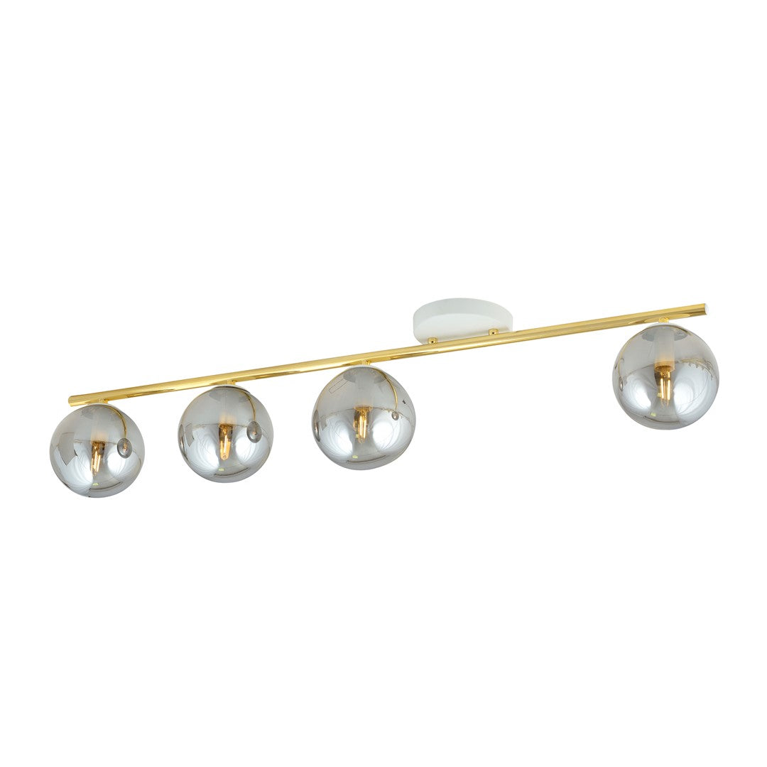 Plafondlamp met goudkleurige balk, witte plafondplaat en vier bolvormige grafietkleurige glazen kappen