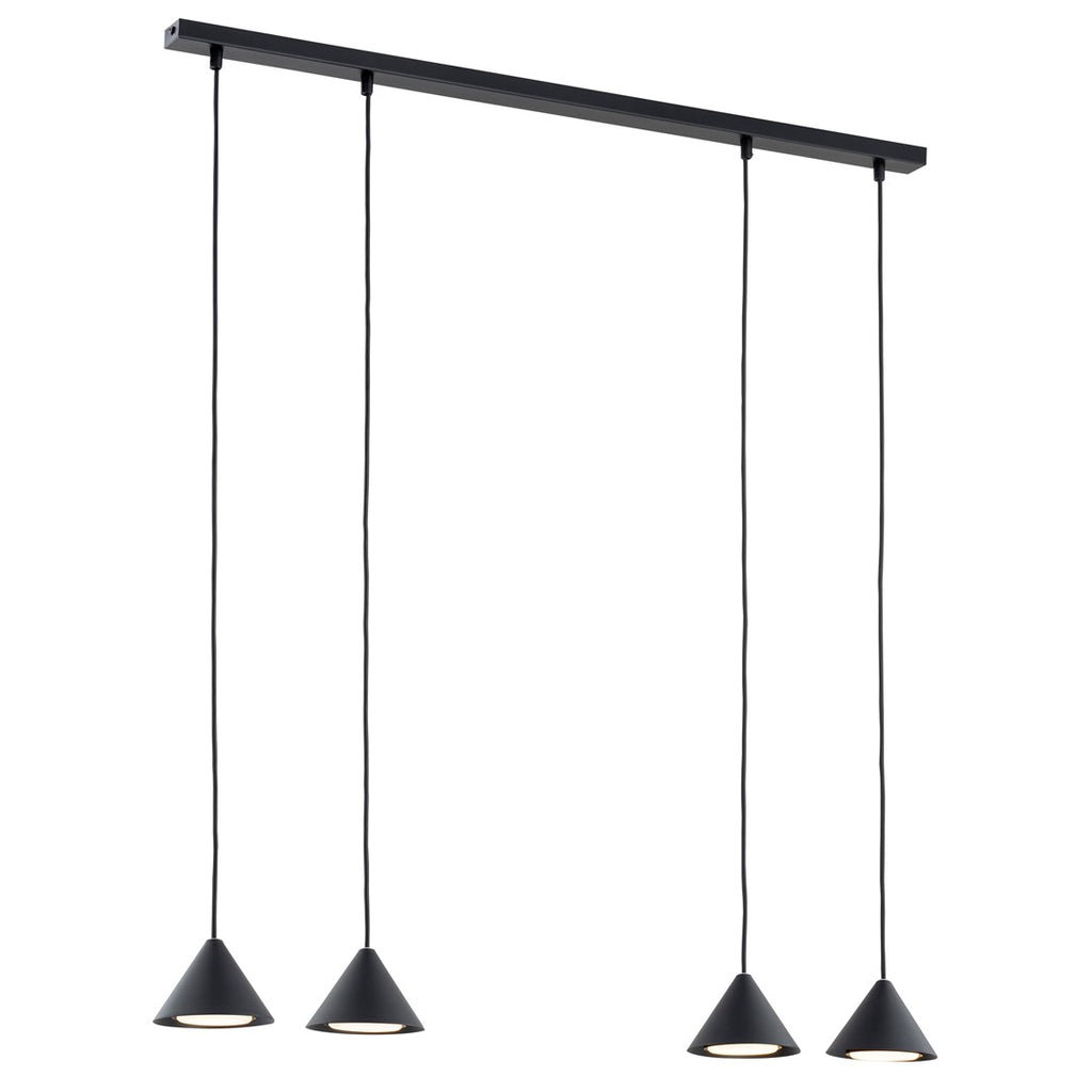 Zwarte hanglamp met vier kegelvormige kappen aan een lange smalle plafondbalk