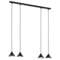 Zwarte hanglamp met vier kegelvormige kappen aan een lange smalle plafondbalk