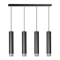 Zwarte hanglamp met vier buisvormige kappen met chroomkleurige onderkant aan een smalle zwarte plafondplaat