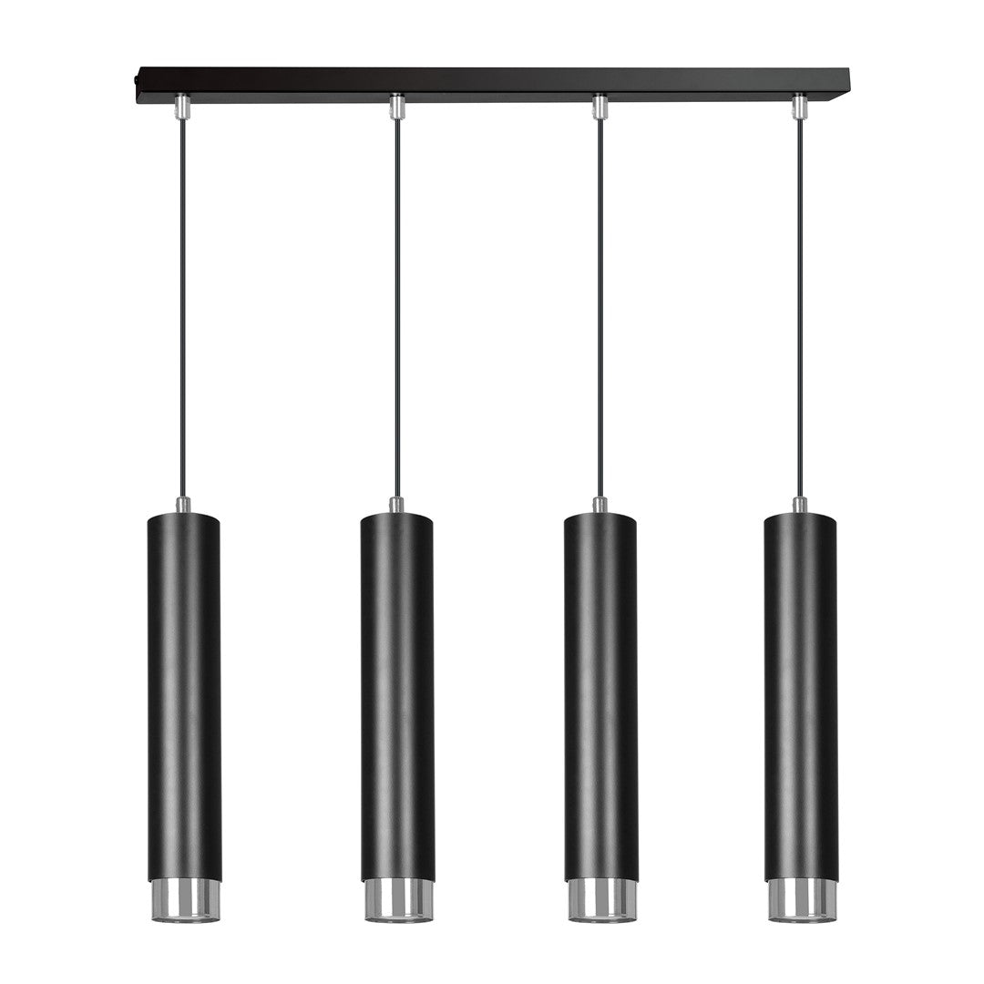 Zwarte hanglamp met vier buisvormige kappen met chroomkleurige onderkant aan een smalle zwarte plafondplaat