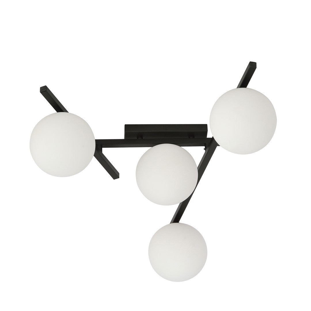 Zwarte plafondlamp met vier witte glazen bollen aan een open stalen armatuur