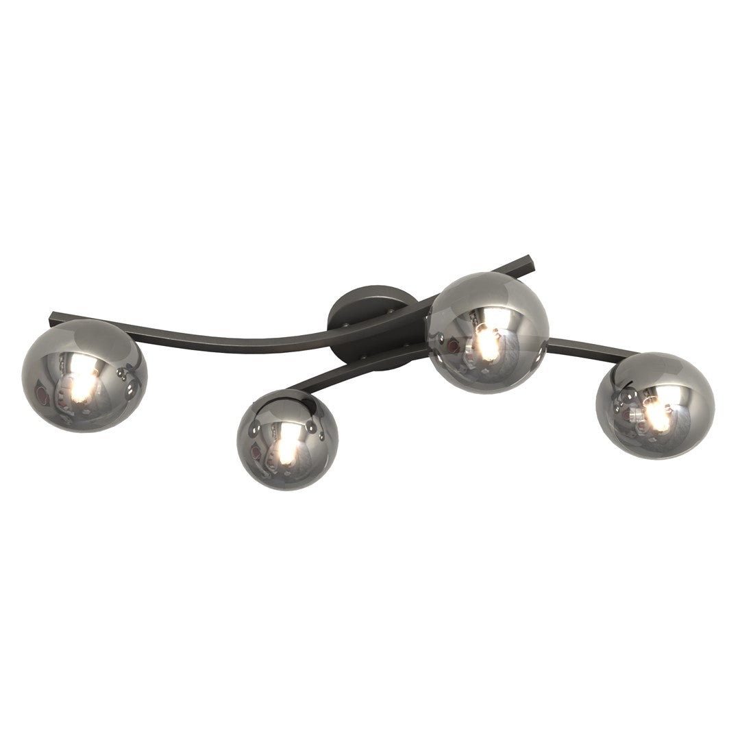 Zwarte plafondlamp met vier grafietkleurige glazen bollen op gebogen stalen armen