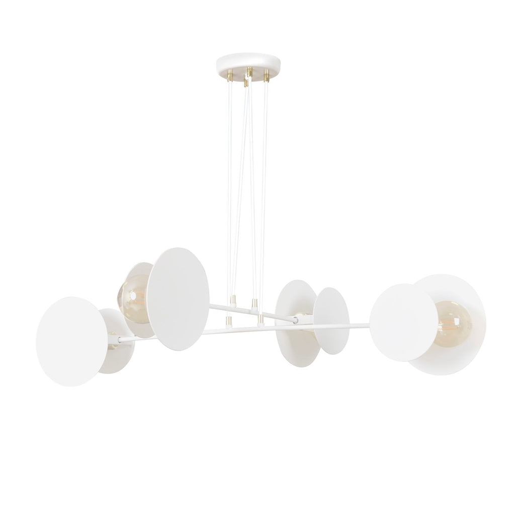Witte hanglamp met vier armen, ronde witte schijven, gouden details en zichtbare gloeilampen