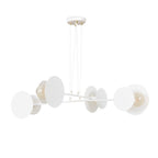 Witte hanglamp met vier armen, ronde witte schijven, gouden details en zichtbare gloeilampen