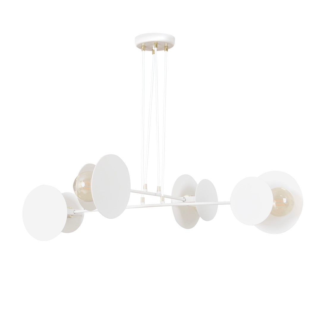 Witte hanglamp met vier armen, ronde witte schijven, gouden details en zichtbare gloeilampen