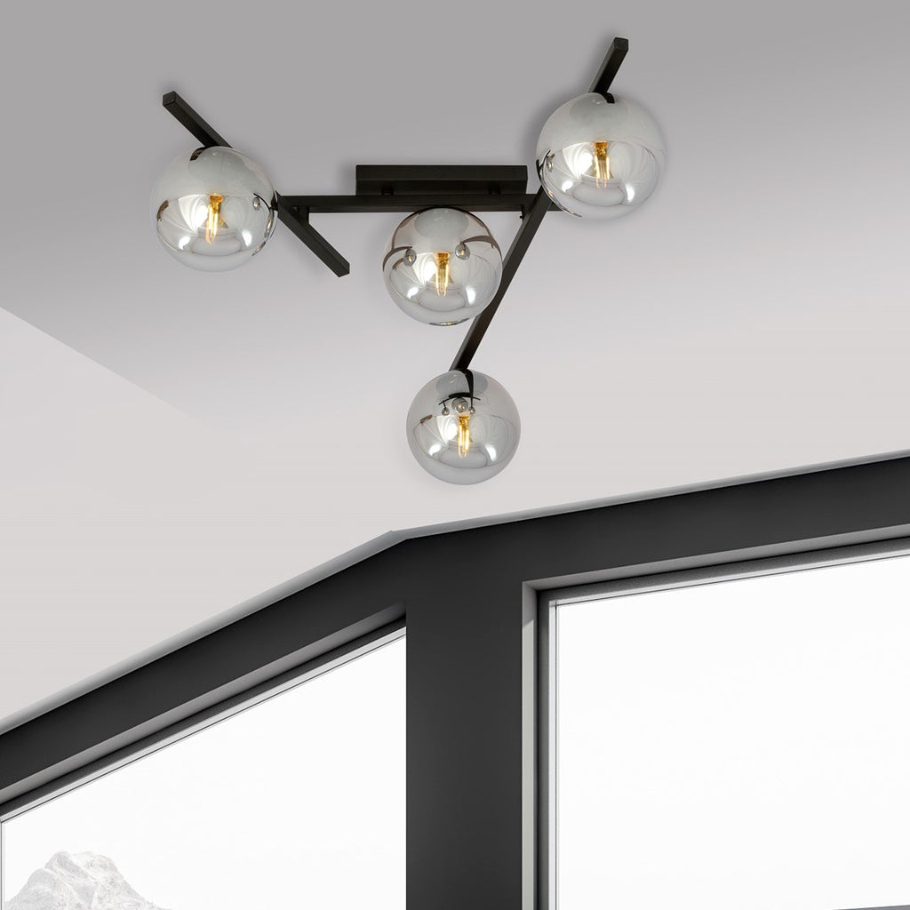 Plafondlamp staal en glas Smart 4 lichts, zwart met grafiet glazen kappen, 63 x 25 cm, E14