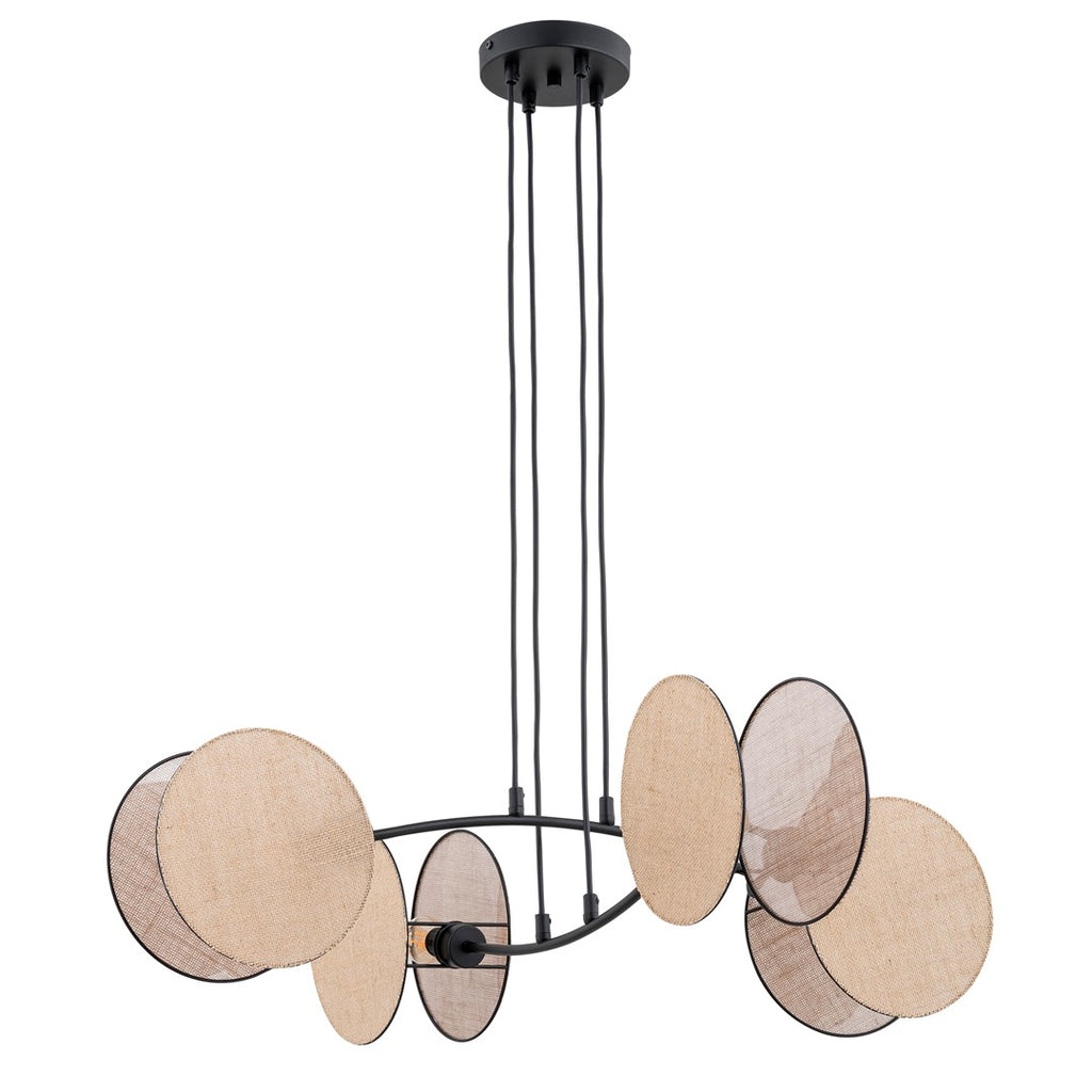 Hanglamp gepoedercoat staal en stof Motief boho, zwart met beige kappen, 4 fittingen E27, 82 x 100 cm