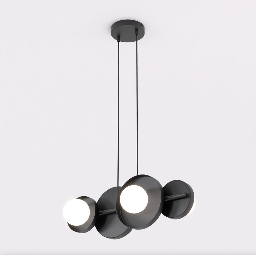 Hanglamp gepoedercoat staal minimalistisch Model 4 zwart met witte kappen, 53 x 23 cm, 4 lichtpunten, eettafel
