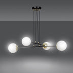 Hanglamp Ognis gepoedercoat staal en glas, glamour, zwart met witte glazen kappen, 4 lichts E27, 75 x 100 cm