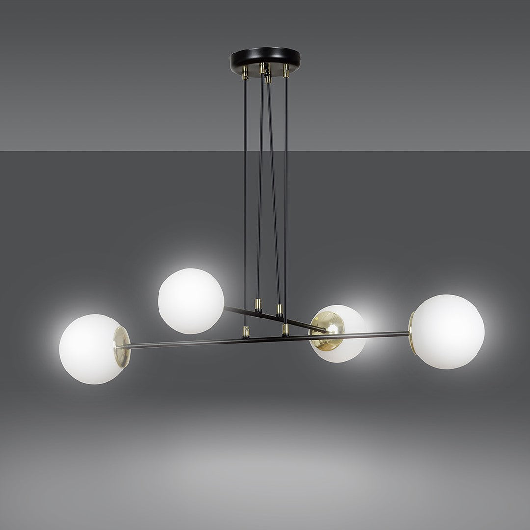Hanglamp Ognis gepoedercoat staal en glas, glamour, zwart met witte glazen kappen, 4 lichts E27, 75 x 100 cm