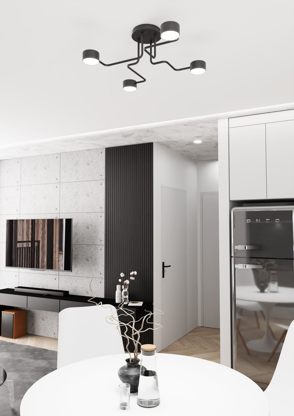 Plafondlamp gepoedercoat staal Kurage modern mat zwart 53 x 53 cm, 4 lichtpunten voor woonkamer en eetkamer